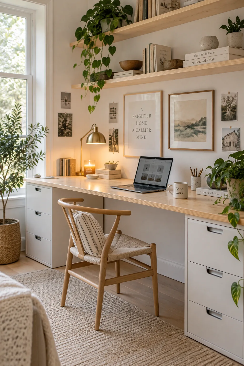 A long custom plywood desk resting on filing cabinets in a home workspace.