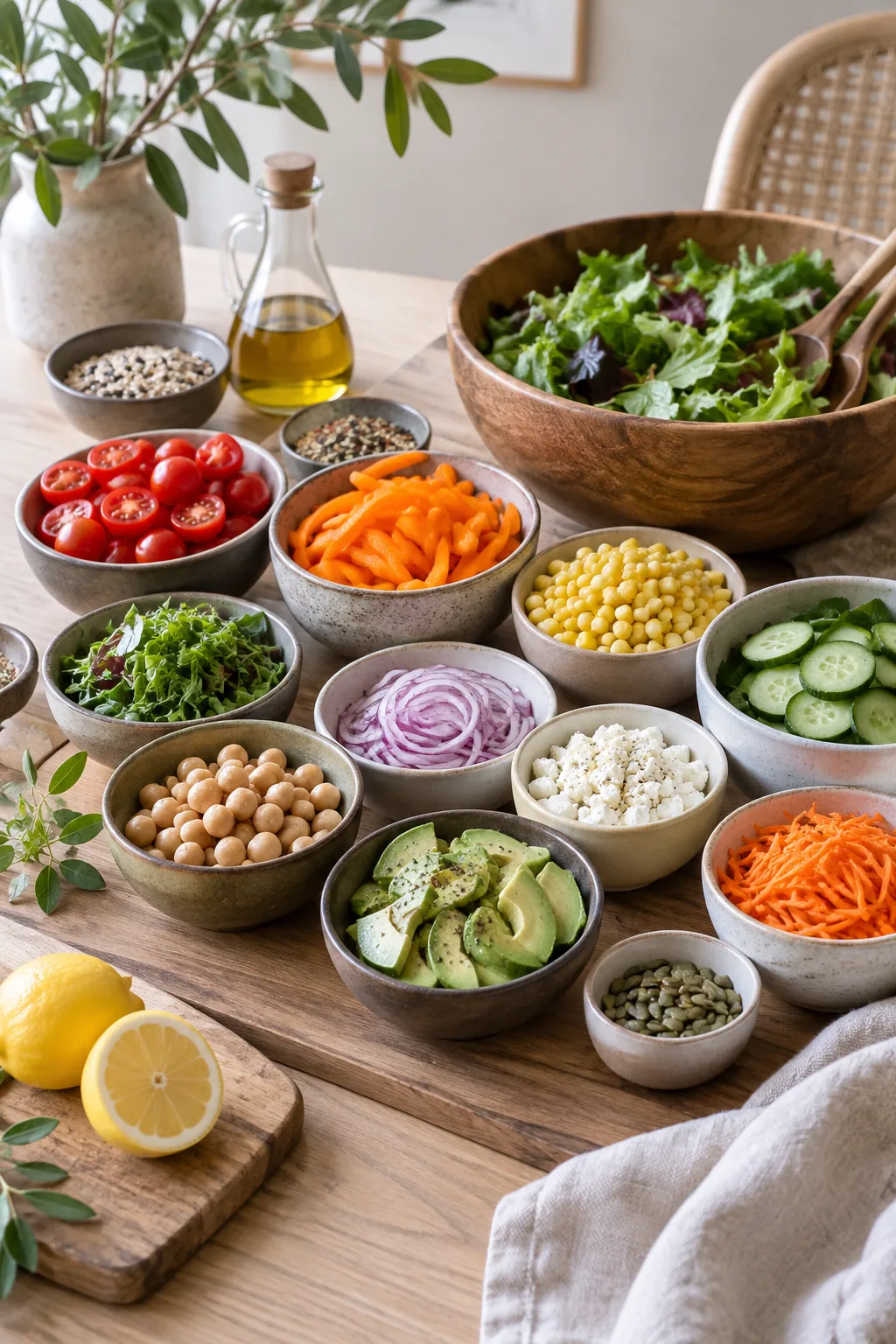 Salad toppings arranged by color in a gradient