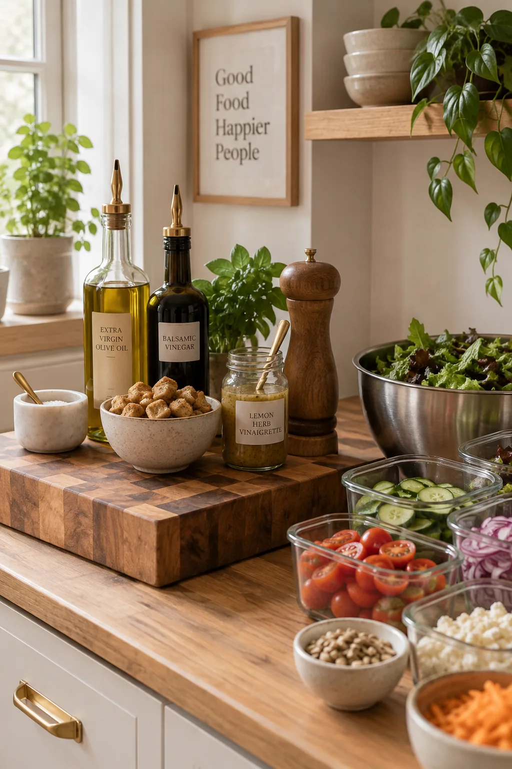 Wooden edge grain cutting board with dressing bottles