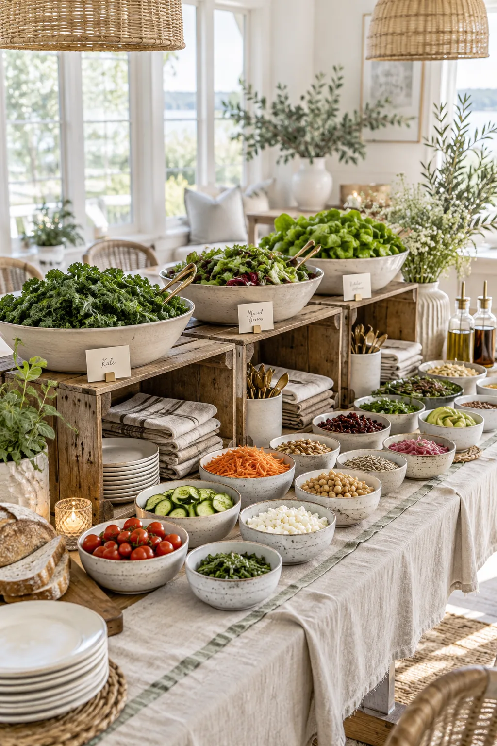 Vintage wooden crates elevating salad bowls
