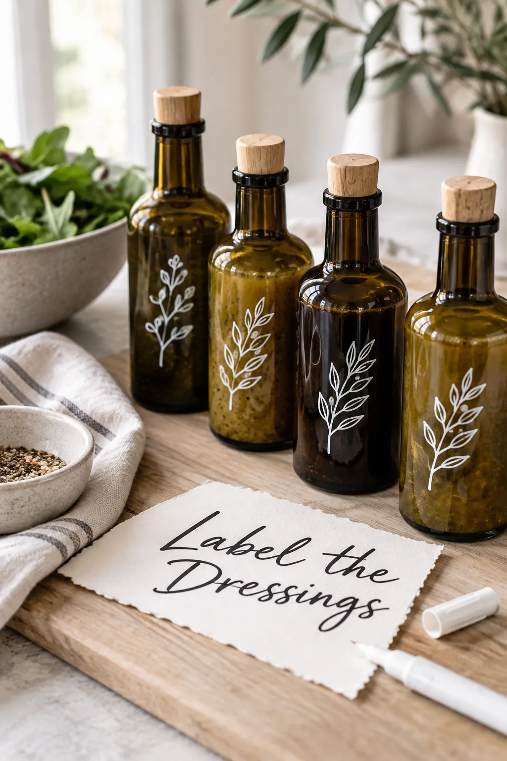 Dark glass bottles with white paint pen labels
