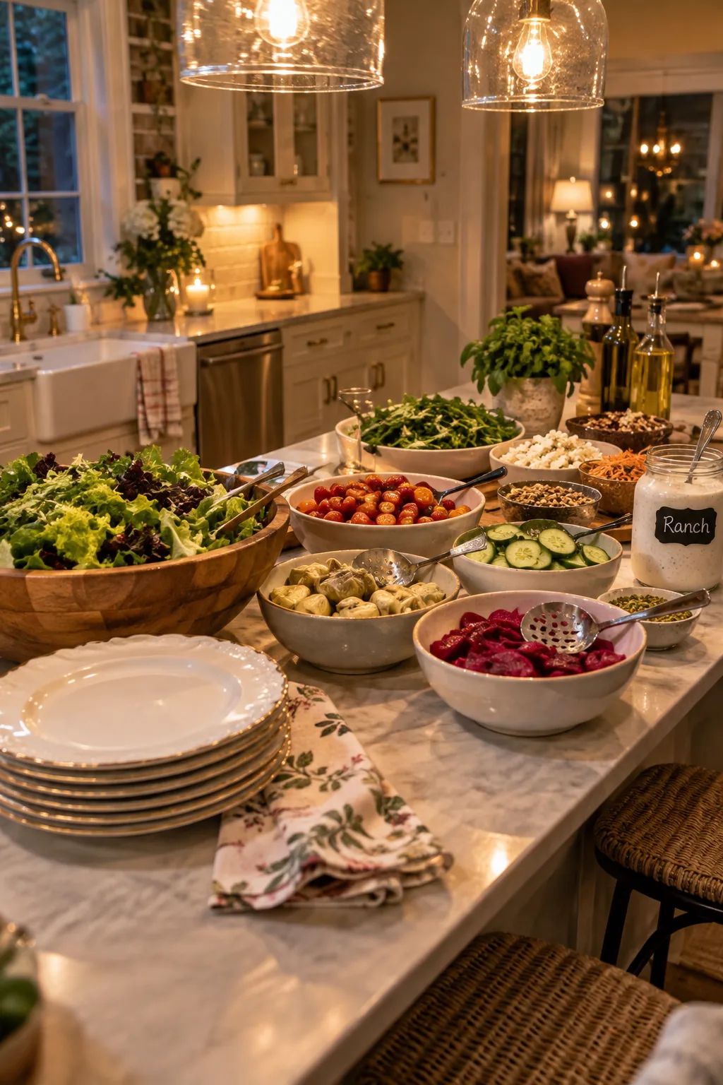 Slotted spoons in bowls of wet salad toppings