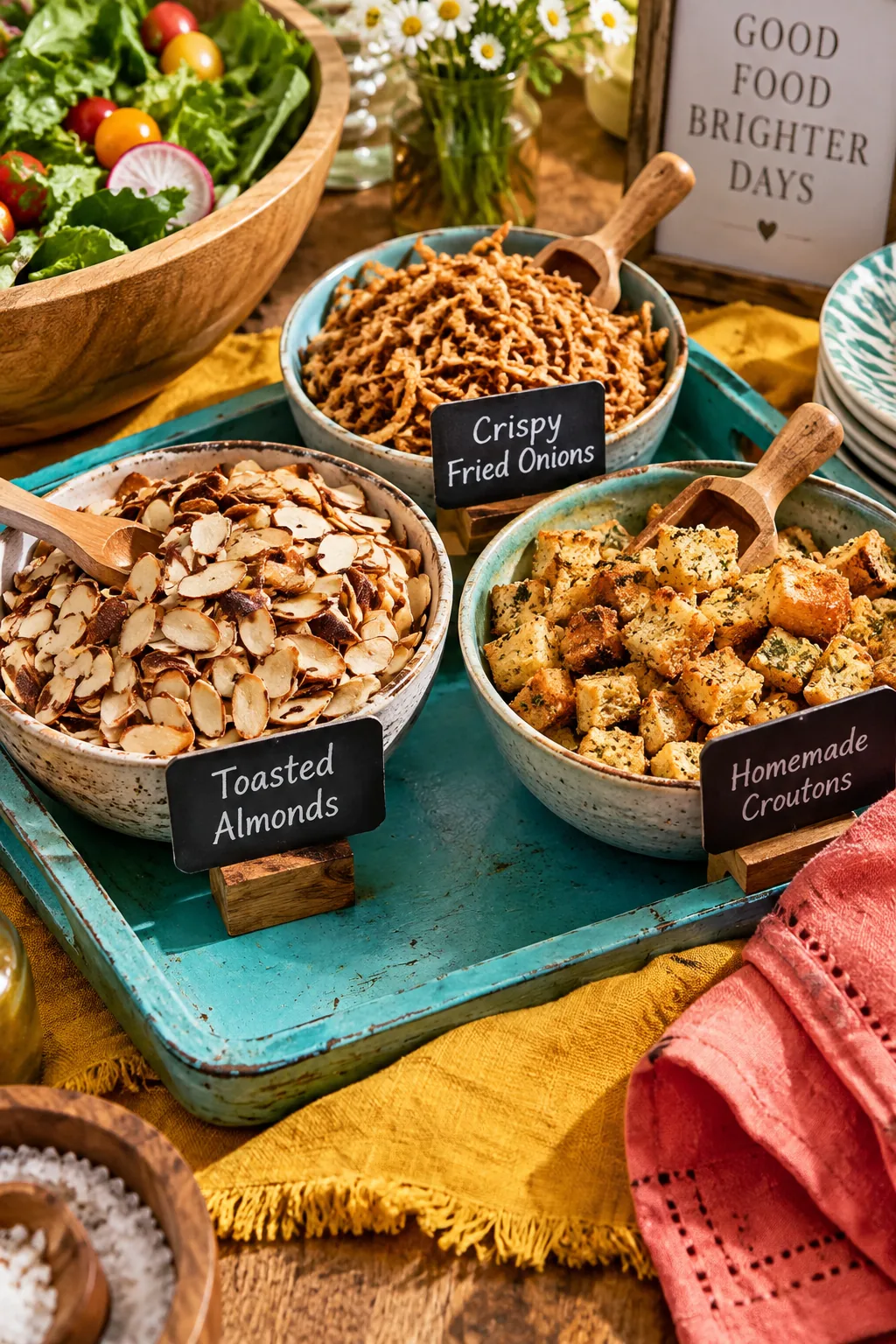 Tiny wooden scoops in bowls of nuts and croutons
