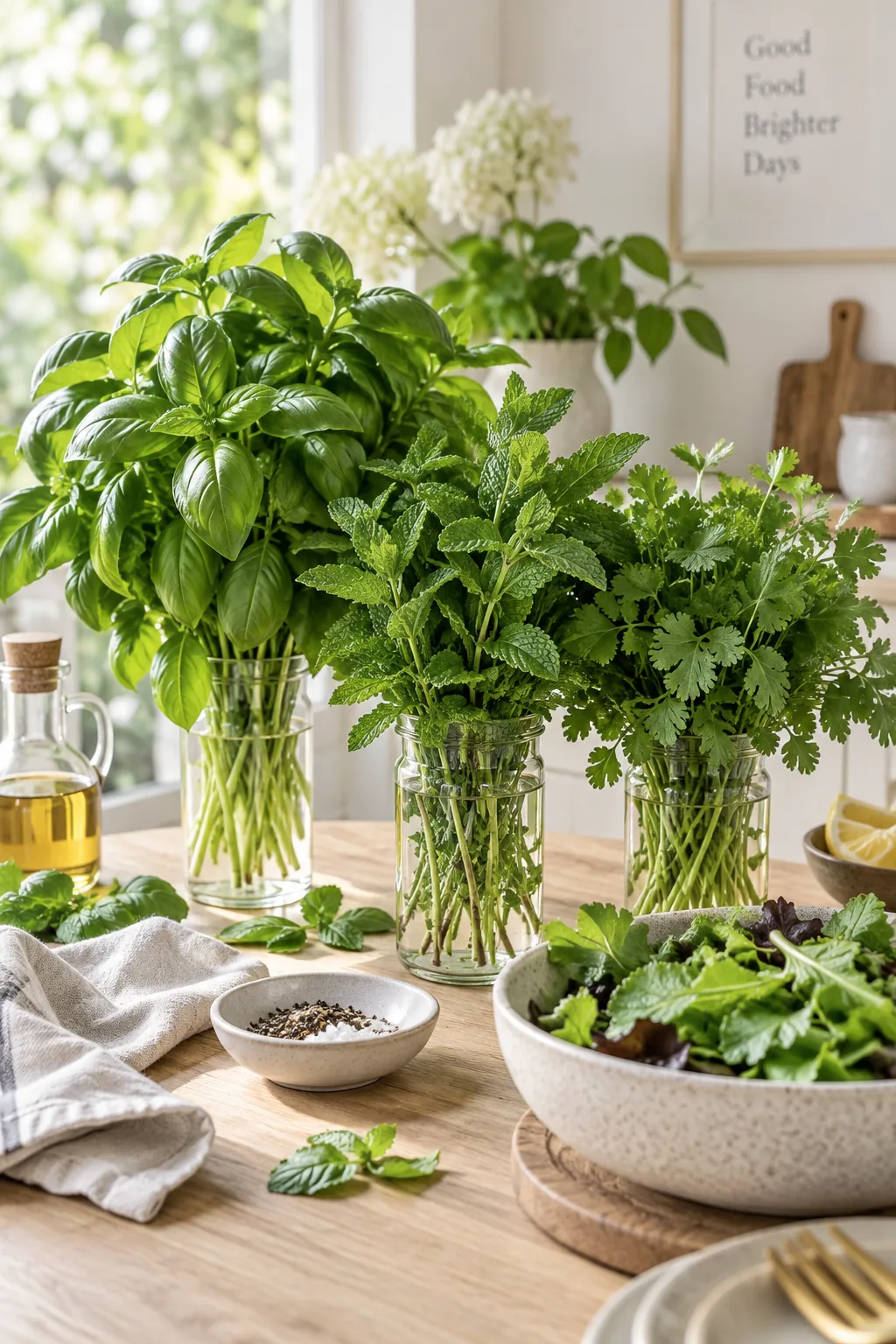 Fresh herbs standing in sturdy water glasses