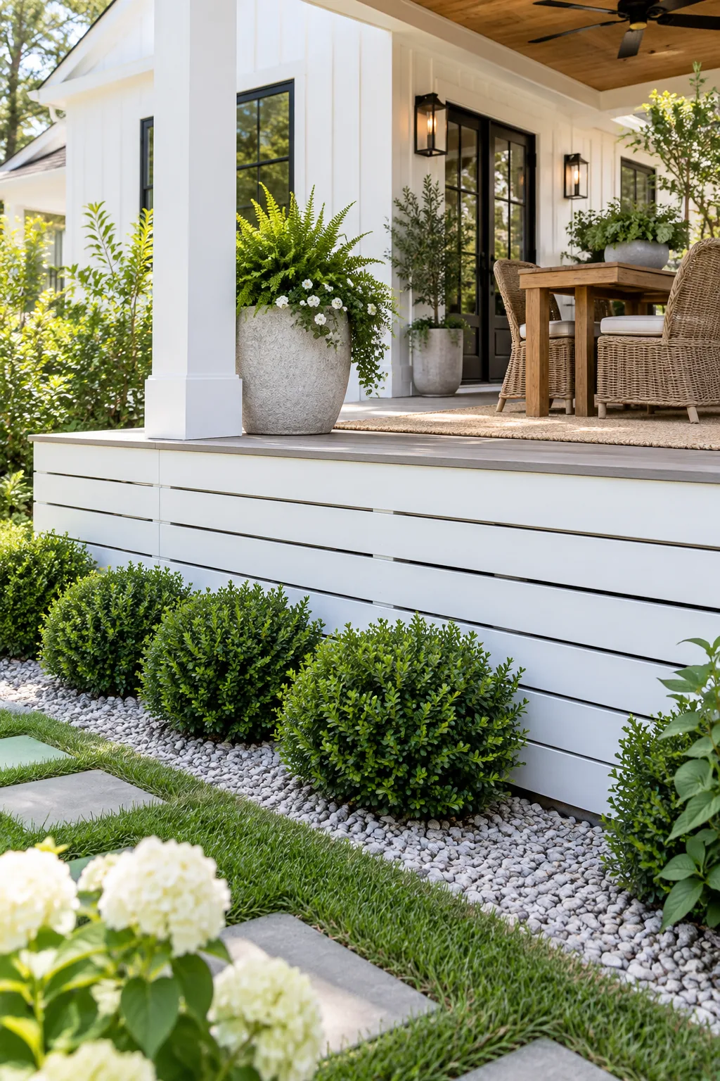 Crisp white painted horizontal deck skirting on a modern farmhouse style patio.