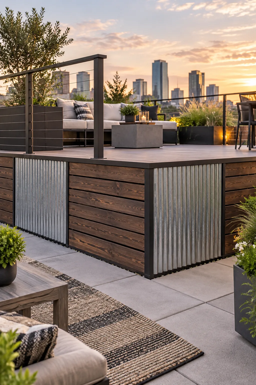 Industrial deck skirting mixing corrugated metal panels with dark stained wood slats.