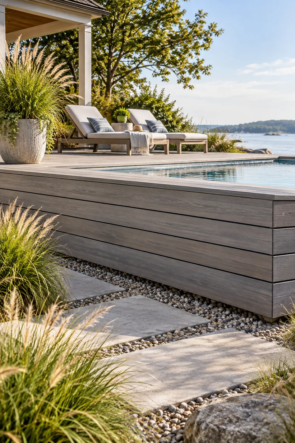Weathered gray composite horizontal boards used as deck skirting next to a pool.