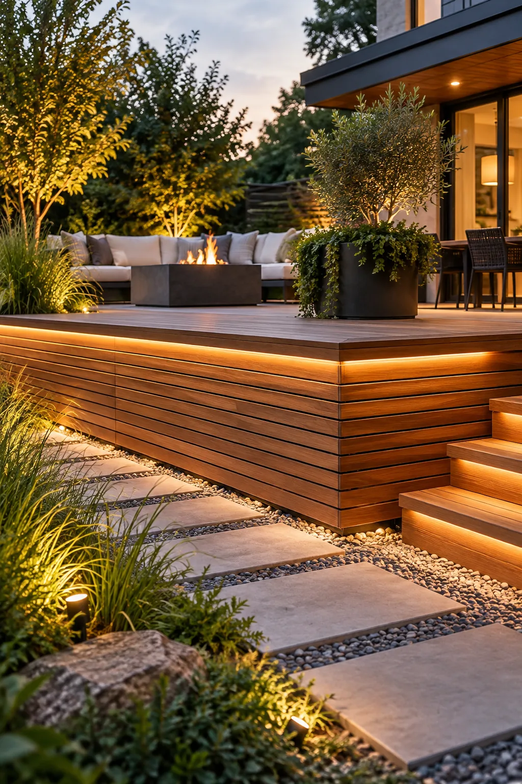 Thin Ipe wood slats used as contemporary deck skirting with subtle outdoor lighting.