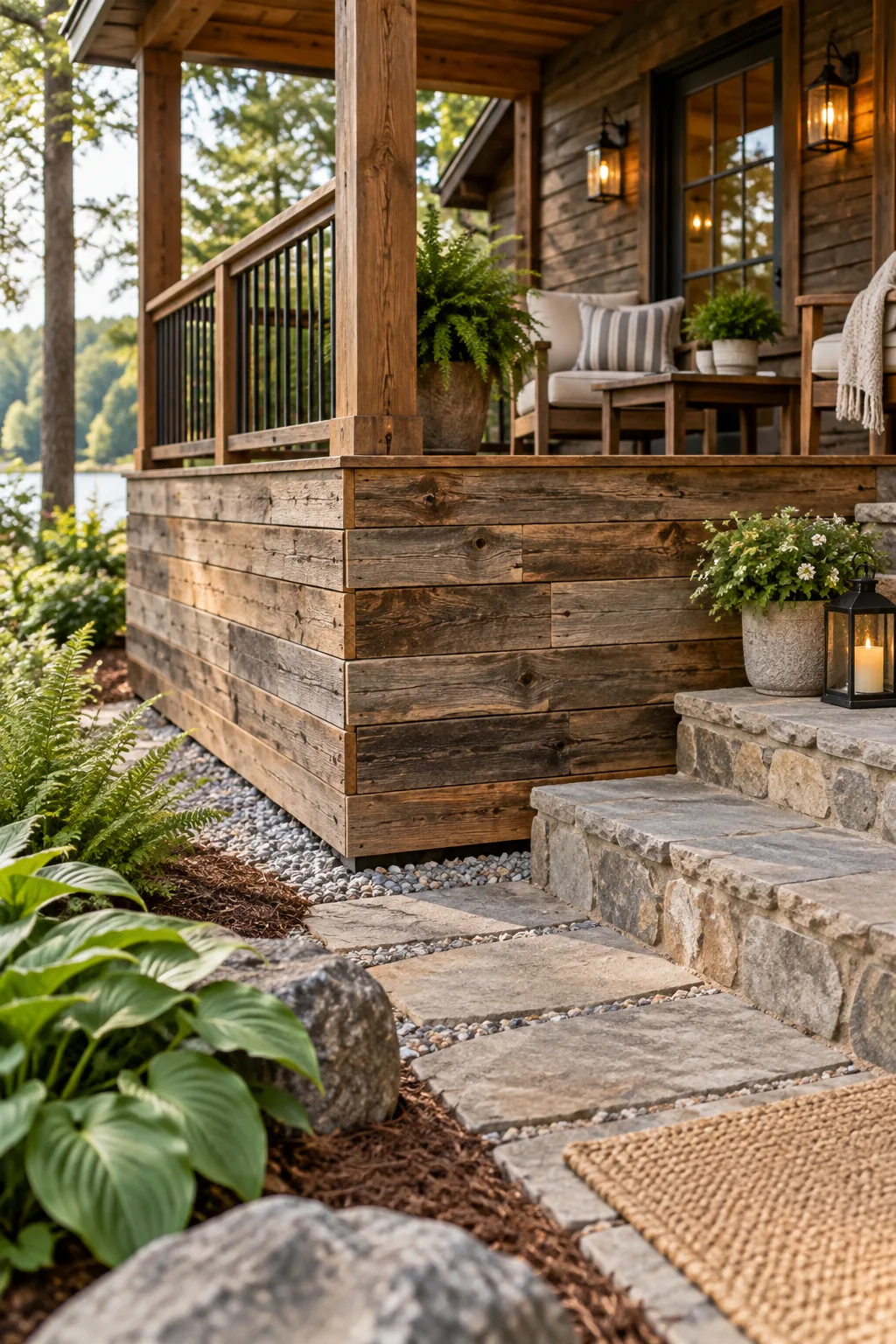 Reclaimed rustic barn wood used as horizontal skirting around a cabin porch.