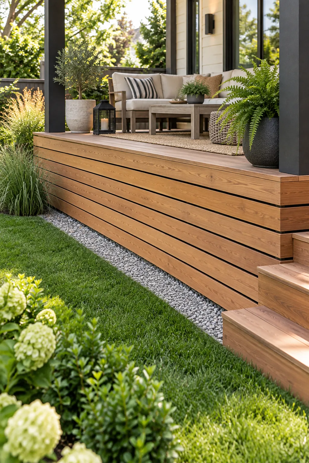 Horizontal cedar boards with dark gaps revealing a matte-black painted support frame behind them.