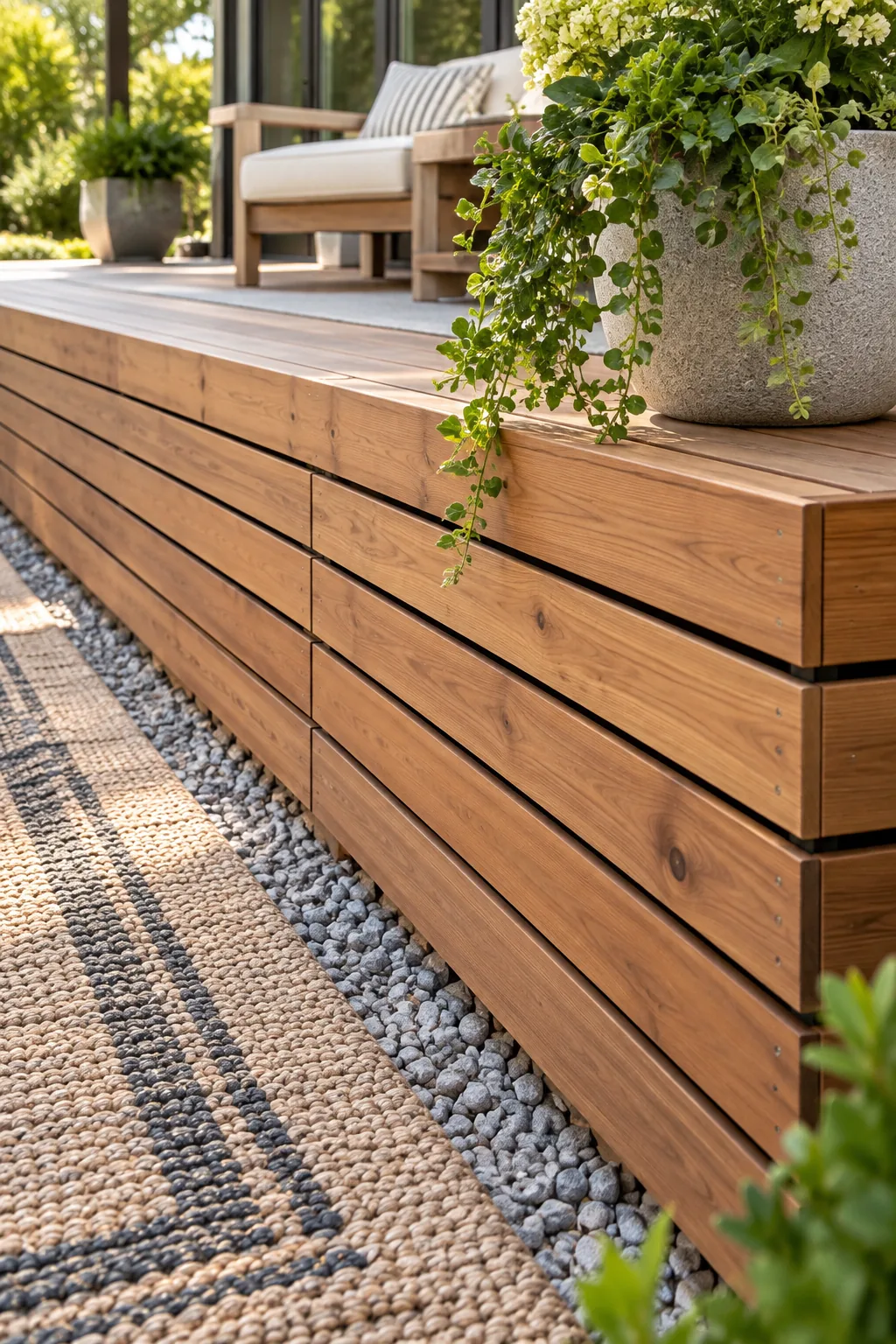 Evenly spaced cedar deck skirting boards with a green potted plant visible on the deck above.