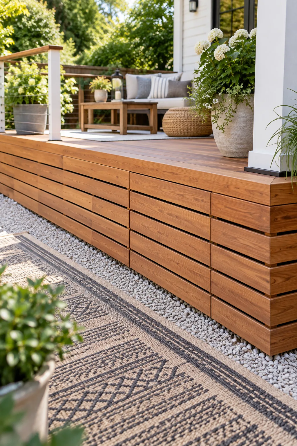 A seamless horizontal deck skirt where a hidden removable panel sits perfectly flush with the surrounding boards.
