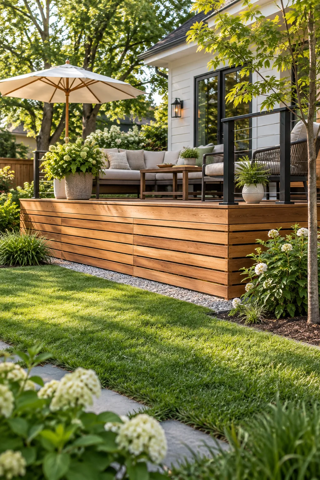A full view of a backyard deck wrapped in modern horizontal cedar skirting with patio furniture on top.