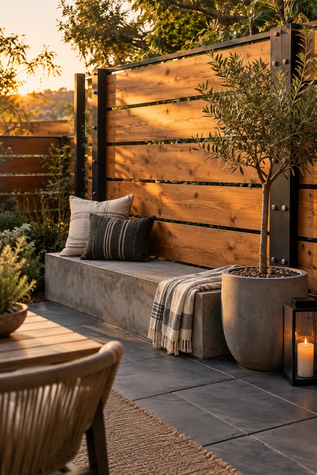 Horizontal wood fence boards attached to black metal posts.