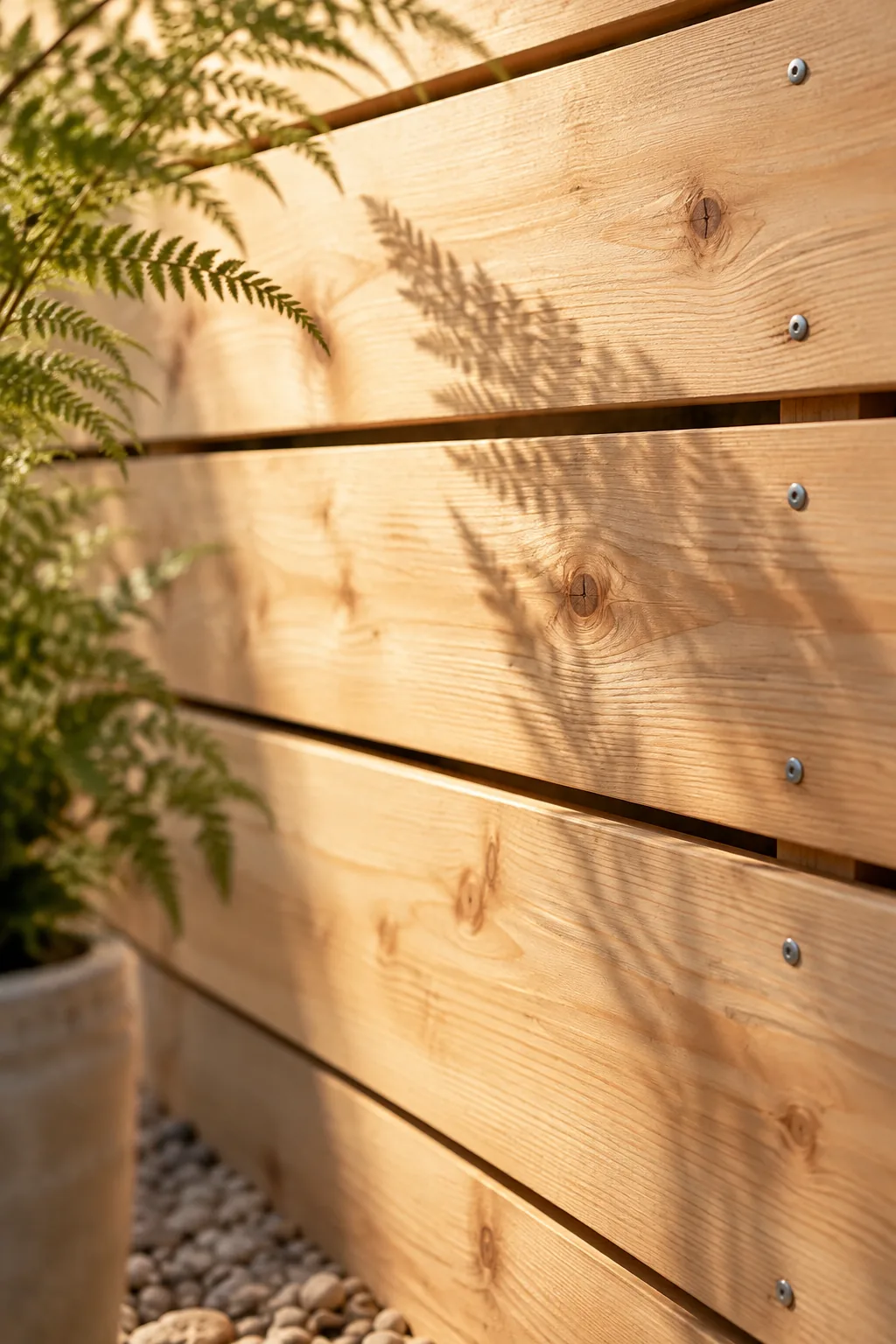Chunky horizontal fence built with wide five-inch wood planks.