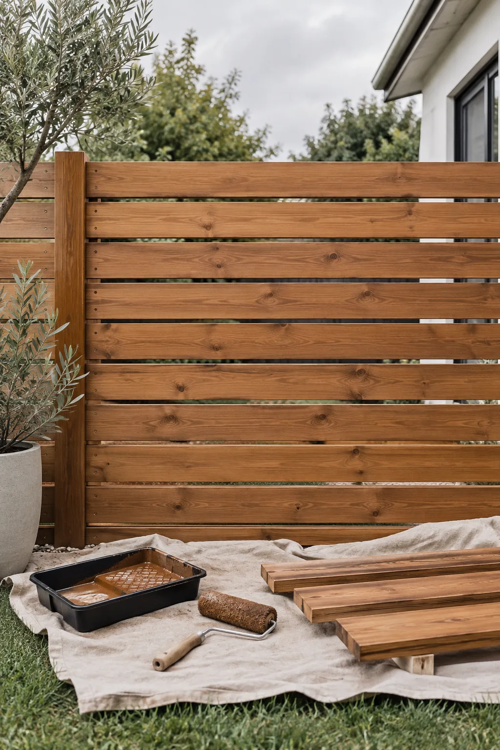Staining horizontal fence boards on a tarp before installation.