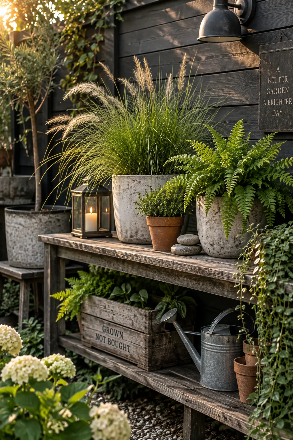 Charcoal gray horizontal fence with bright green plants in front.