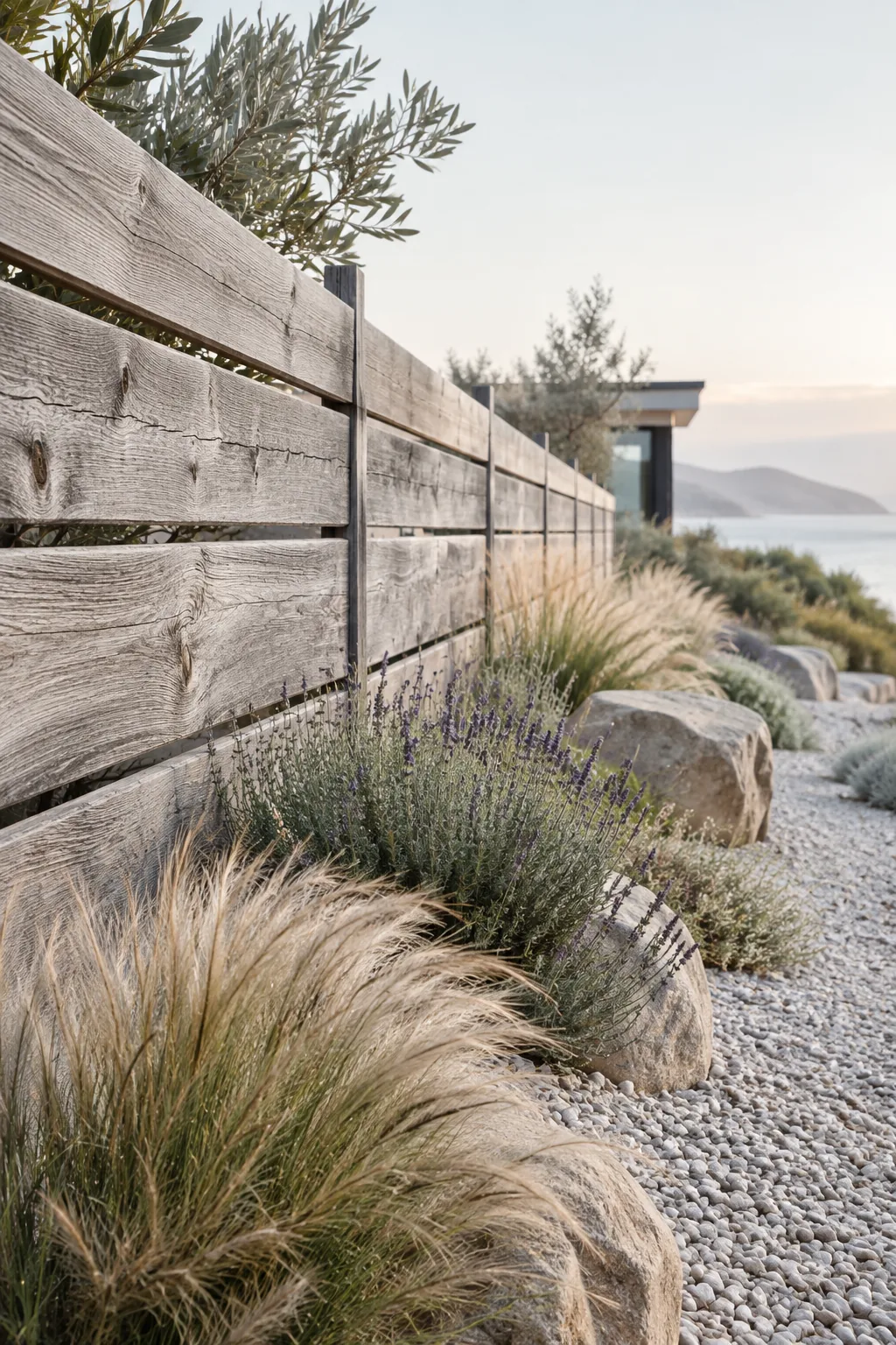 Naturally weathered silver-gray horizontal cedar fence in a wild garden.