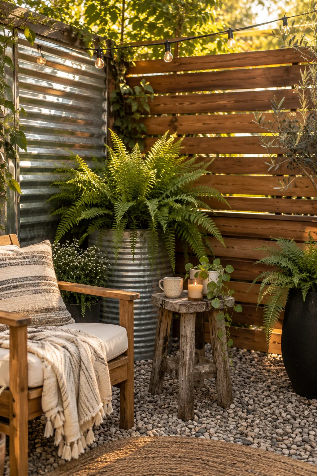 Horizontal fence combining wood slats and corrugated metal panels.