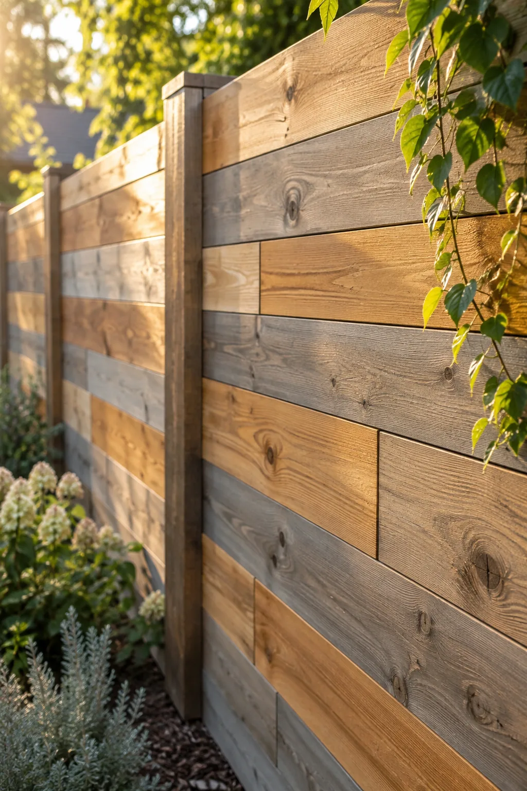 Horizontal fence with staggered board seams ending on alternating posts.