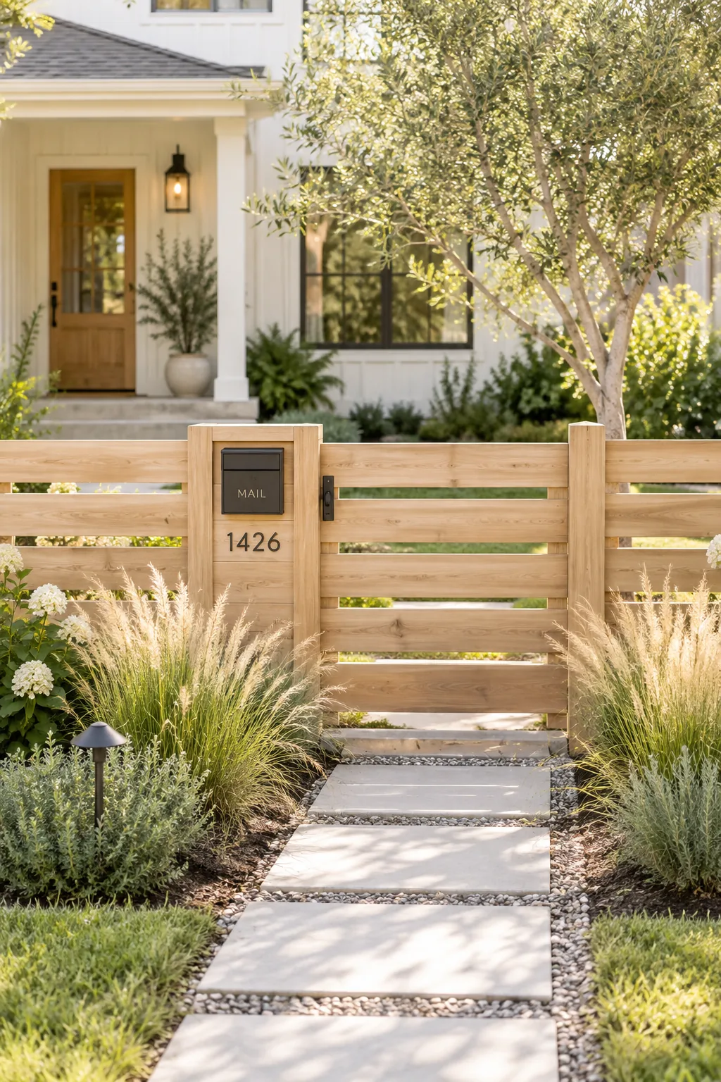 Short three-foot horizontal fence in a front yard with a built-in mailbox.