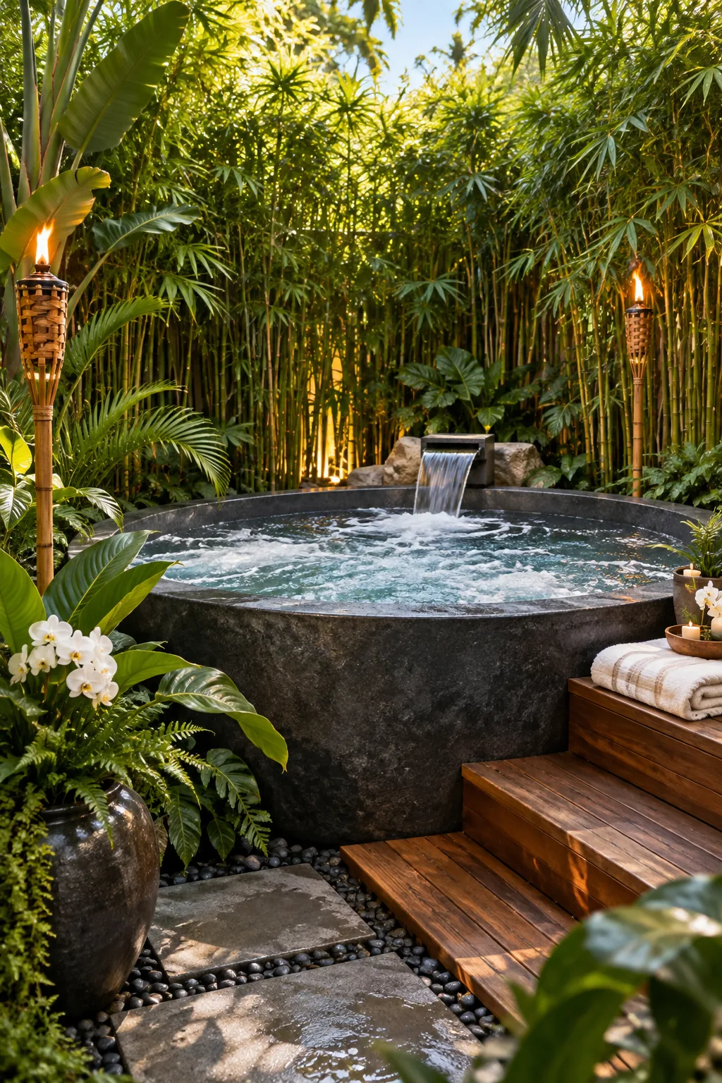 Dark stone hot tub surrounded by dense green bamboo and lit tiki torches.