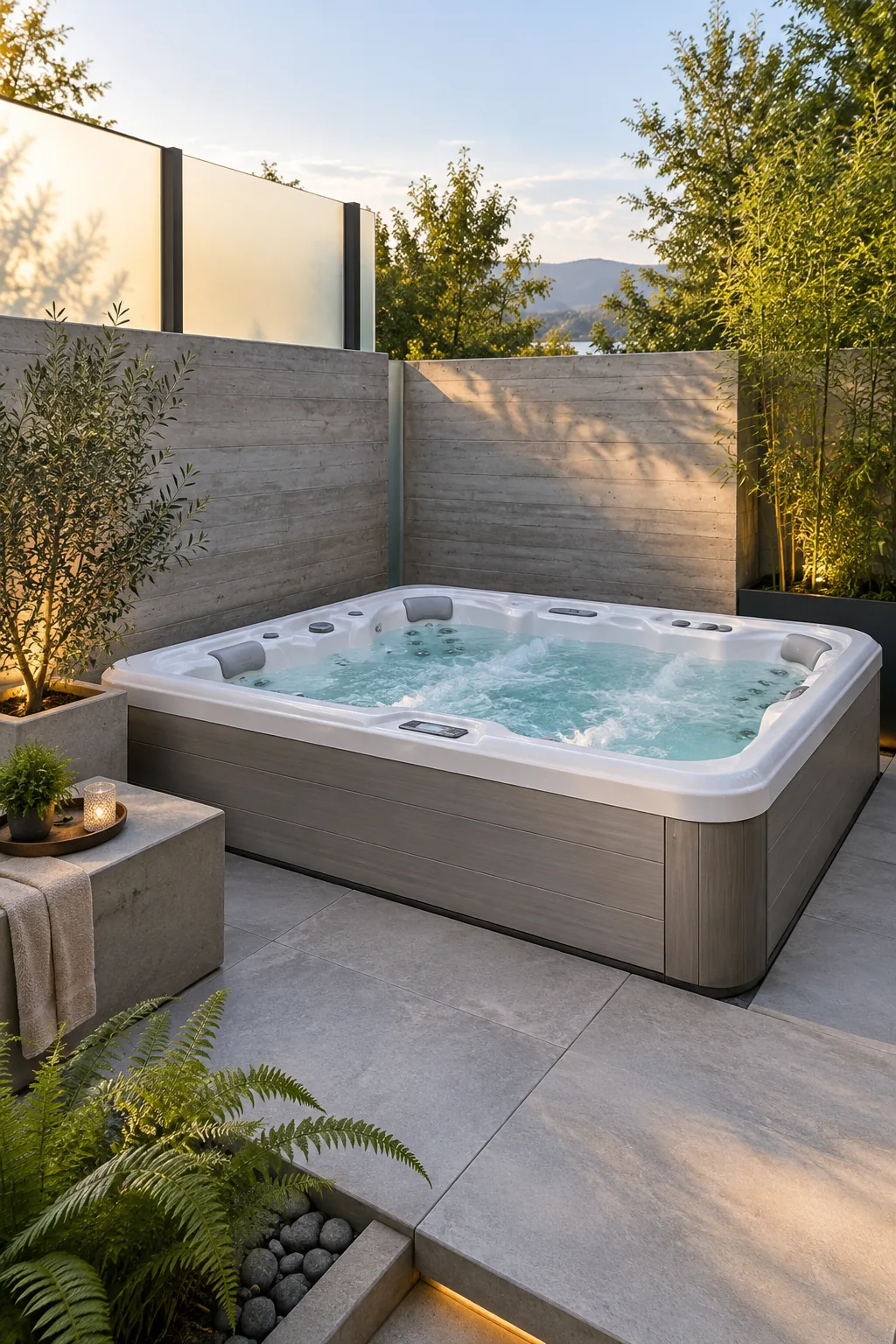 White hot tub enclosed by board-formed concrete walls and frosted glass panels.