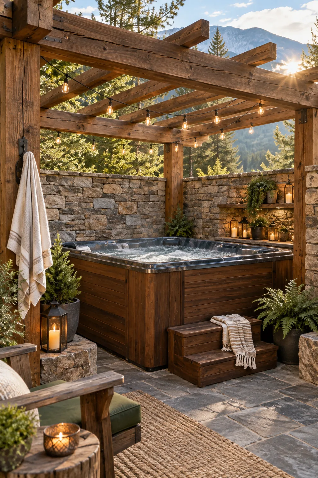 Cedar hot tub under a heavy timber pergola surrounded by stacked stone walls.