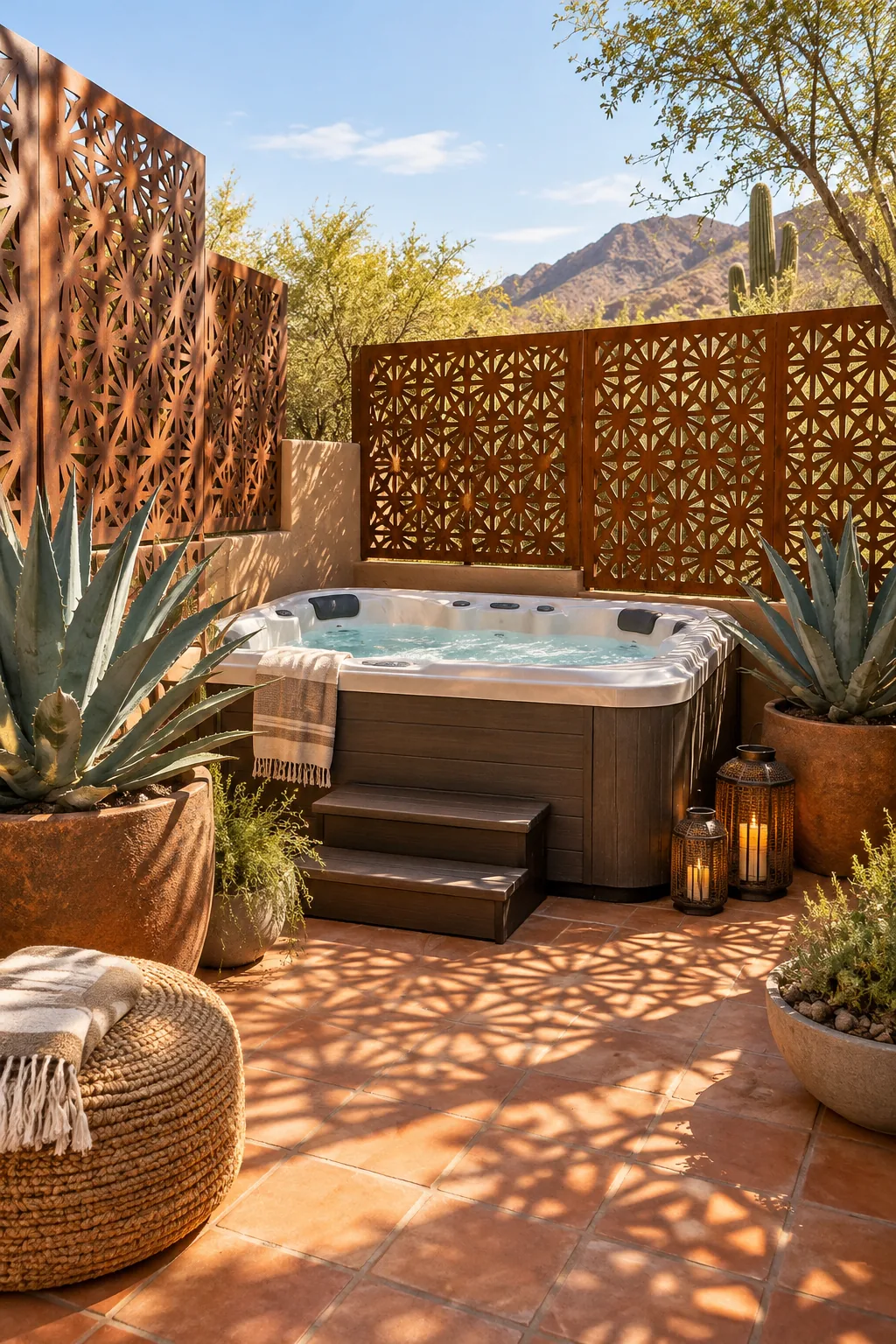 Modern hot tub surrounded by rusted Corten steel privacy screens and terracotta tiles.