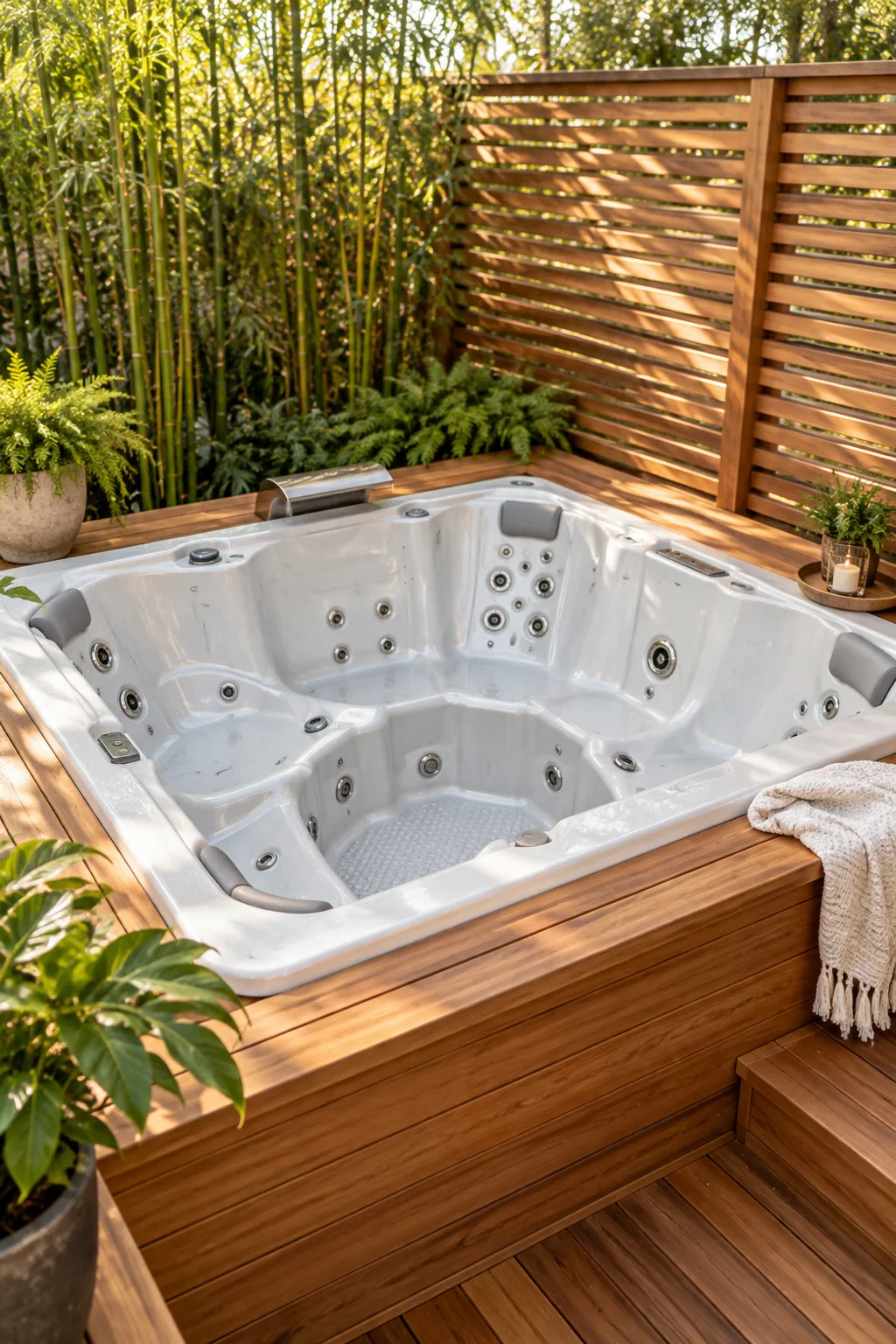 Molded interior seats of a modern white acrylic hot tub set into a cedar deck.