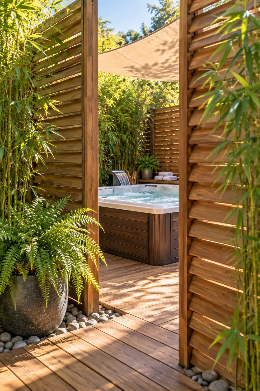 Horizontal cedar wood slats angled downward in a modern outdoor privacy screen frame.