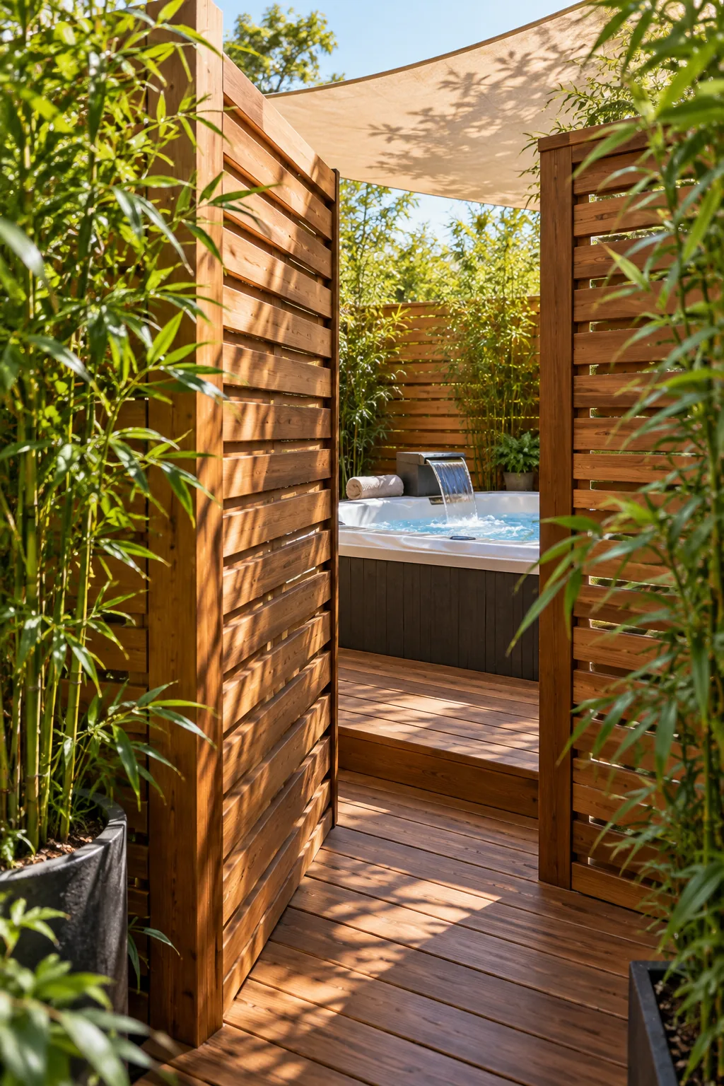 Two overlapping wooden privacy screens creating a narrow, staggered walkway leading to a hot tub.