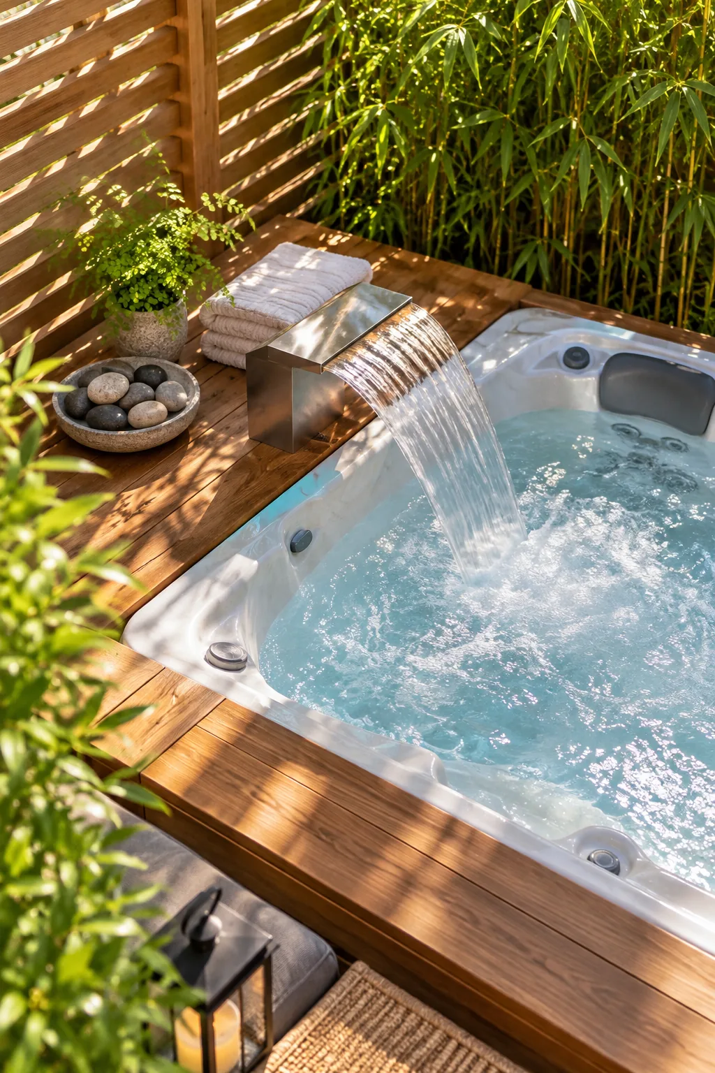 Wide metal waterfall spout pouring a smooth sheet of water into a hot tub.