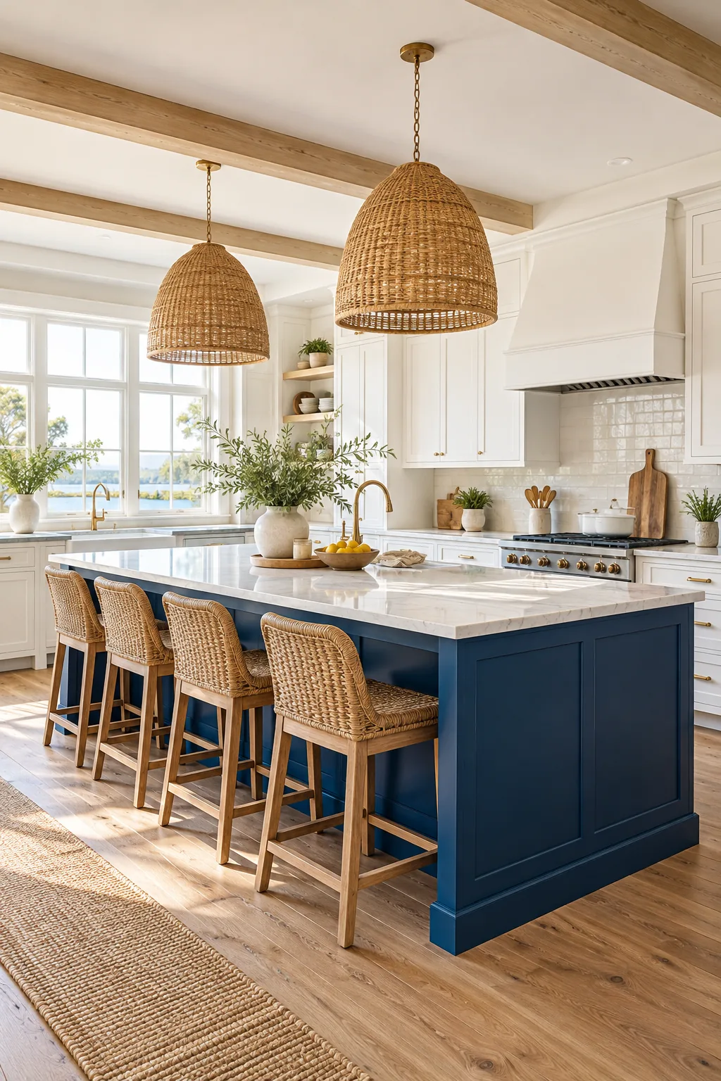 White shaker kitchen with a navy blue island and woven rattan pendant lights.