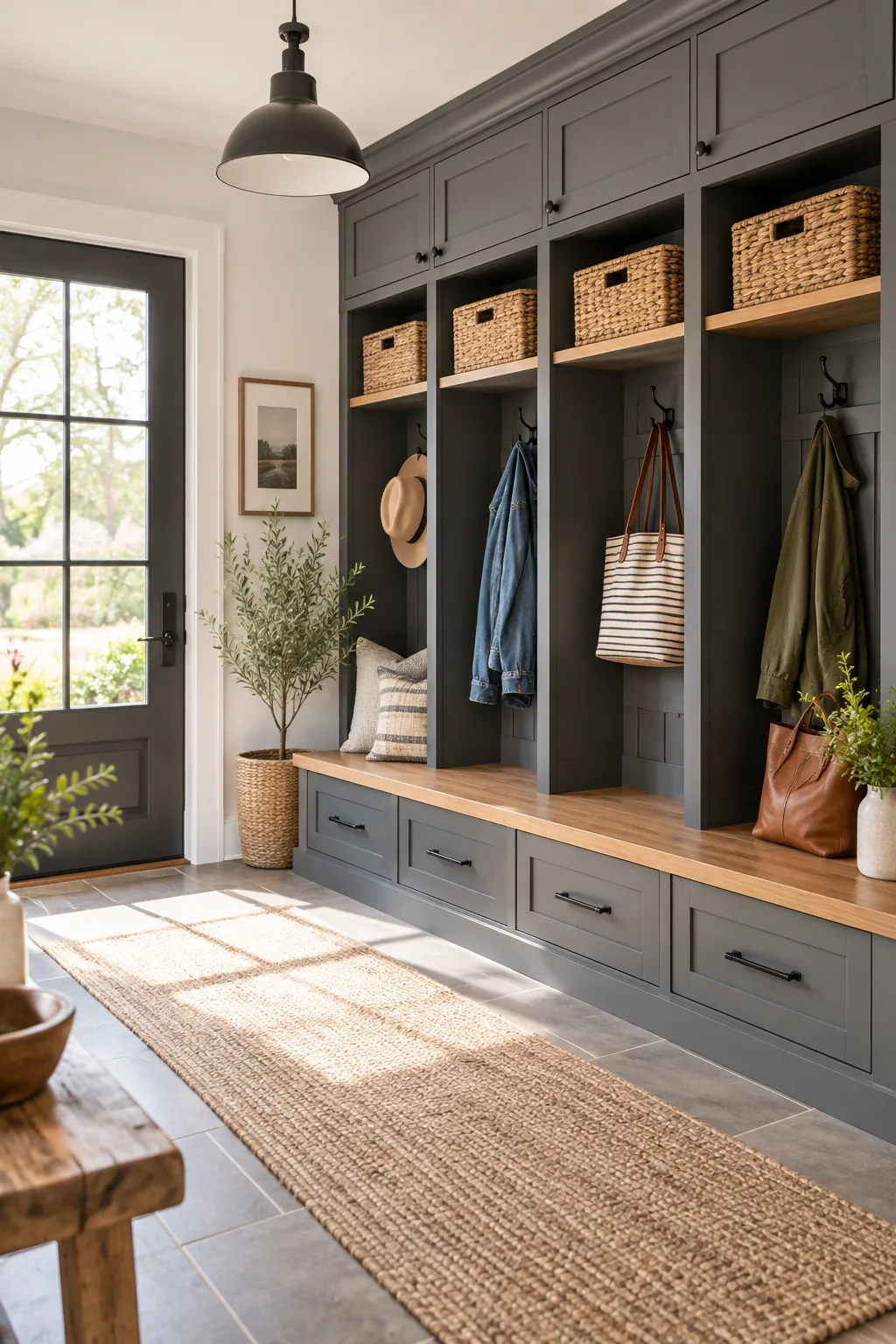 Charcoal gray built-in mudroom lockers with a natural wood bench and matte black hardware.