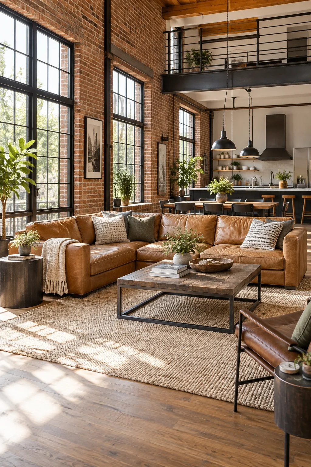 Loft living space with exposed brick, a tan leather sofa, and dark metal accents.