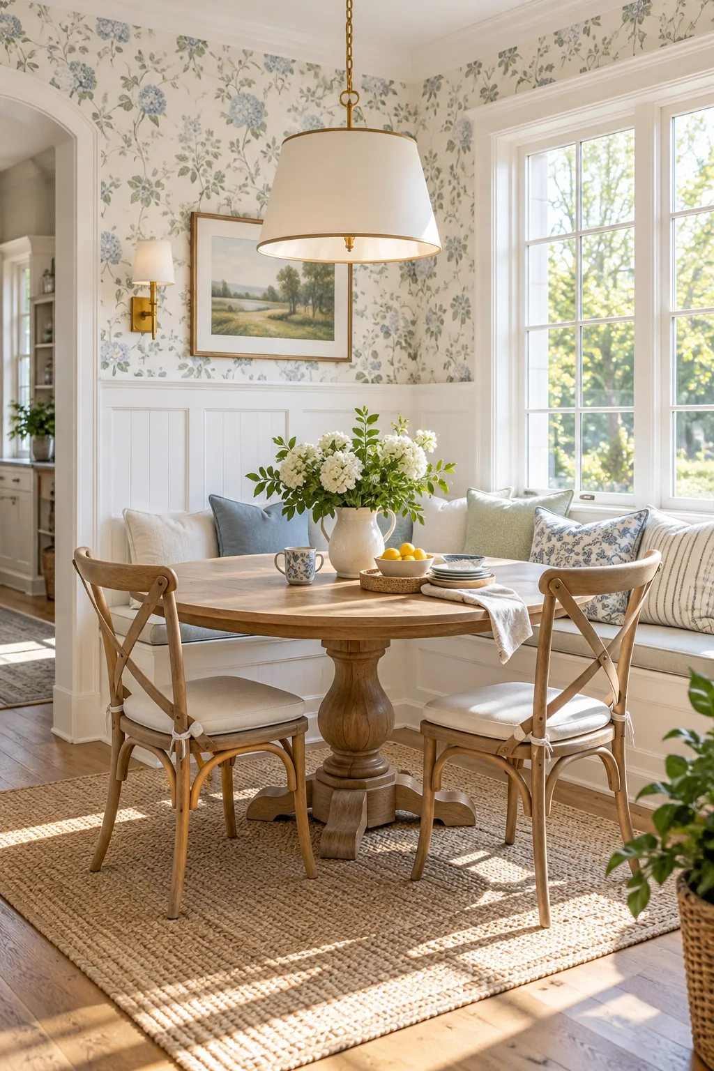 Classic dining nook with white wainscoting, subtle floral wallpaper, and a round pedestal table.