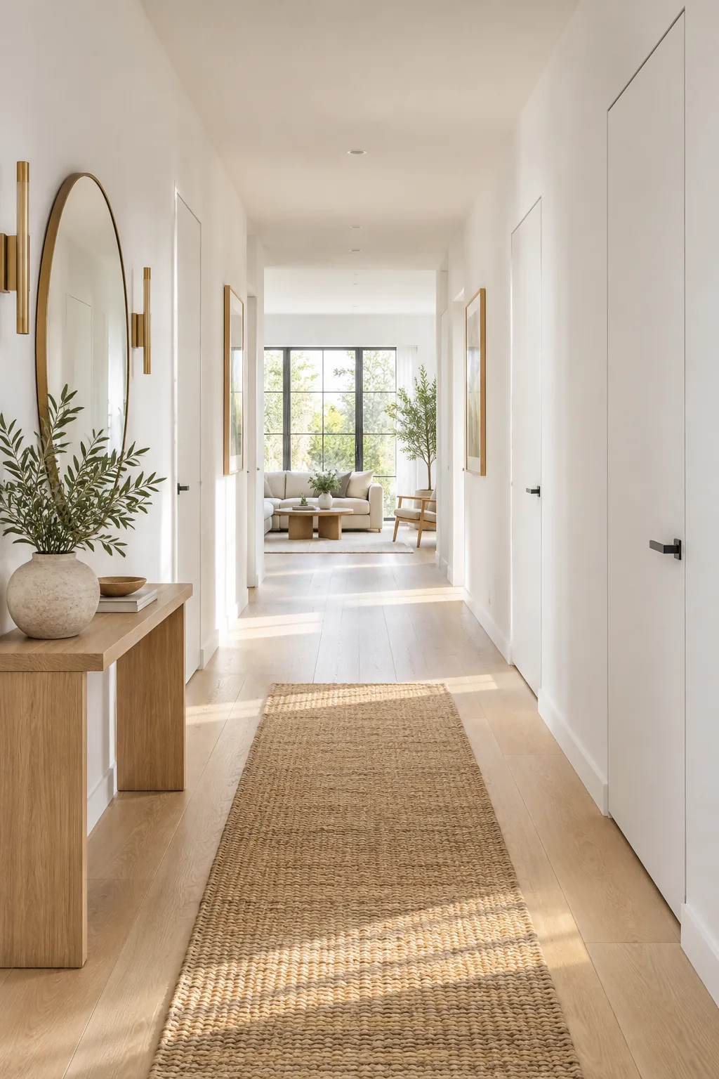 Clean white hallway with flush hidden doors and light Scandinavian oak flooring.