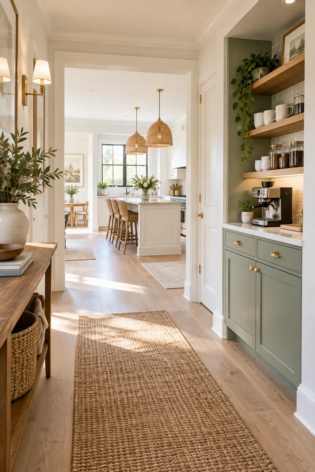 Wide oak-floored hallway leading directly into a bright kitchen with a built-in coffee station.