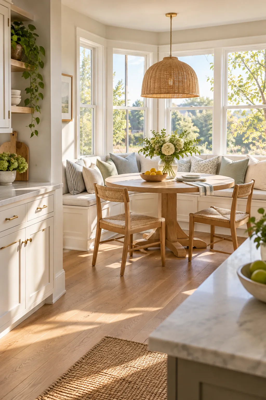 Built-in breakfast banquet with a round table, illuminated by bright sunlight streaming through large eastern windows.