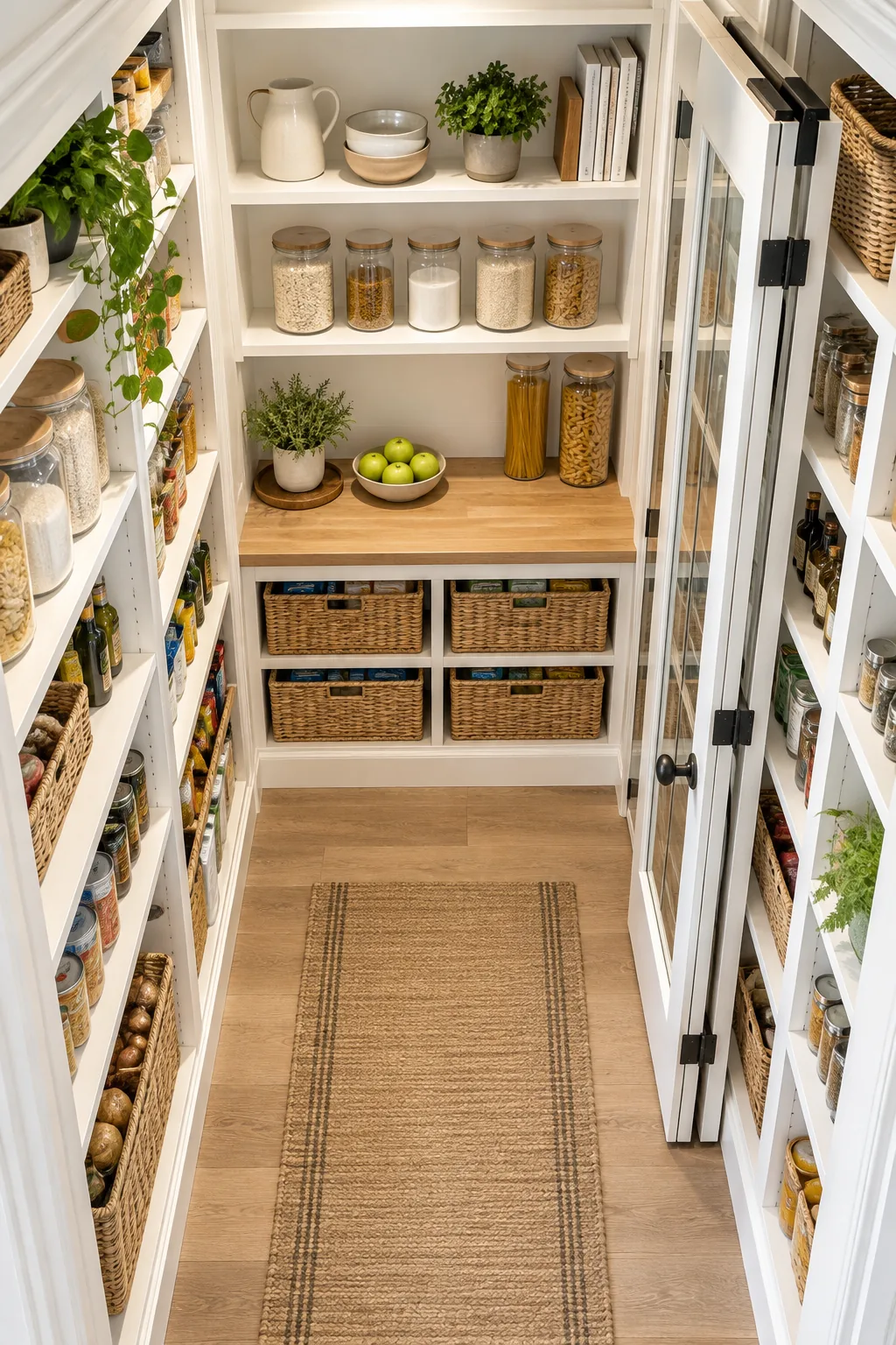 Kitchen aisle between a marble island and perimeter cabinets, wide enough for two people to pass.