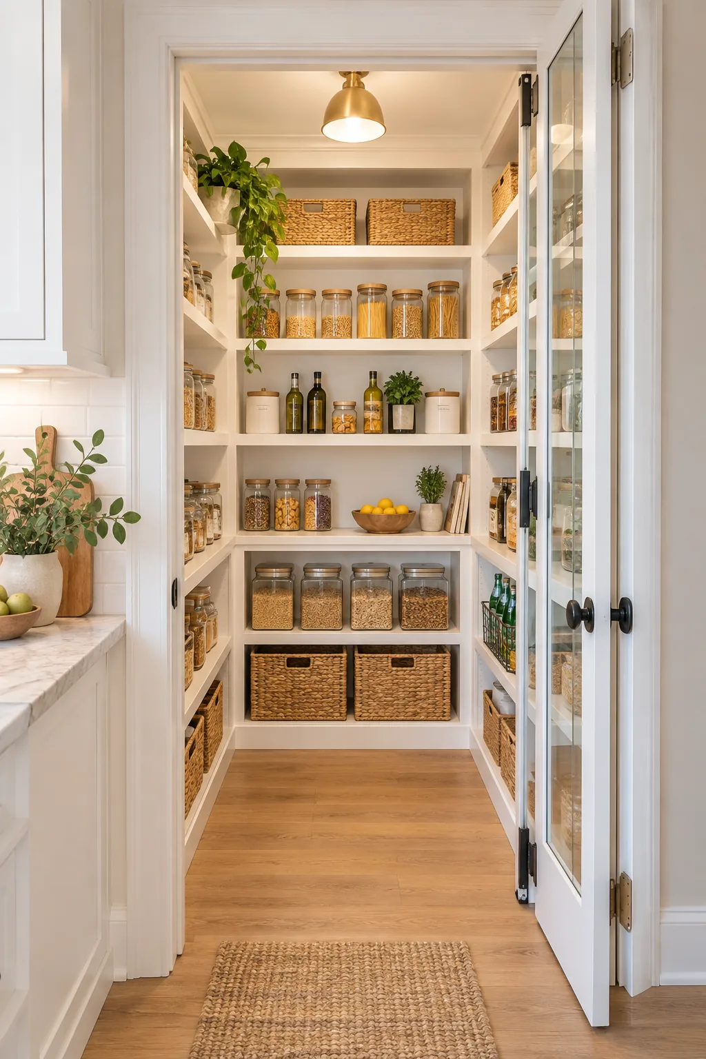 Walk-in pantry with a glass-paneled door opened completely flat against the interior shelving wall.
