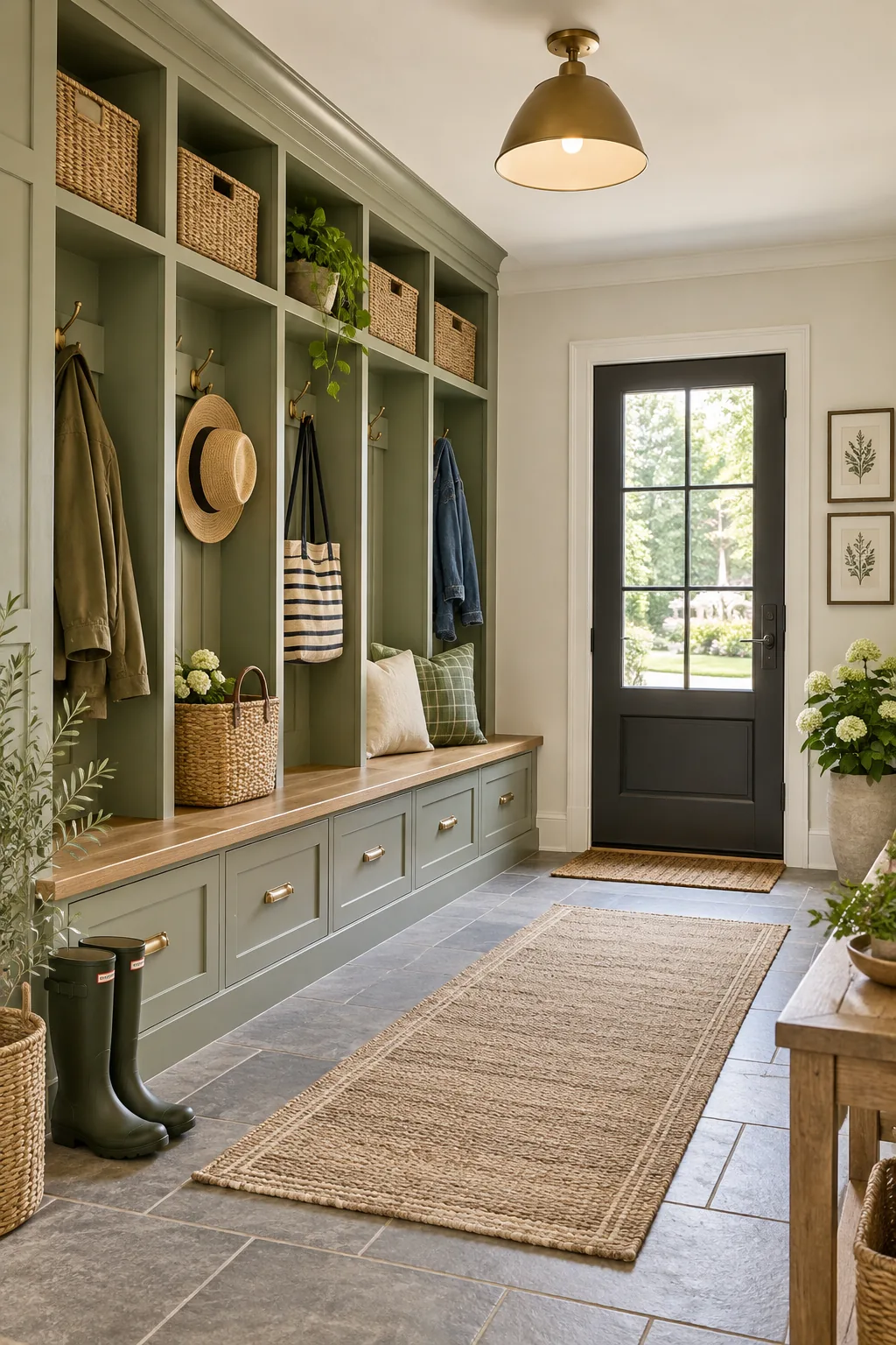 Custom mudroom entryway with built-in bench, coat hooks, and overhead storage cubbies.
