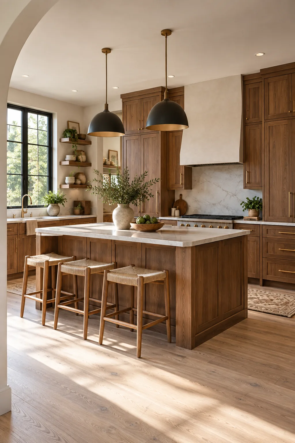 Modern organic kitchen with warm walnut cabinets and creamy white oak floors.