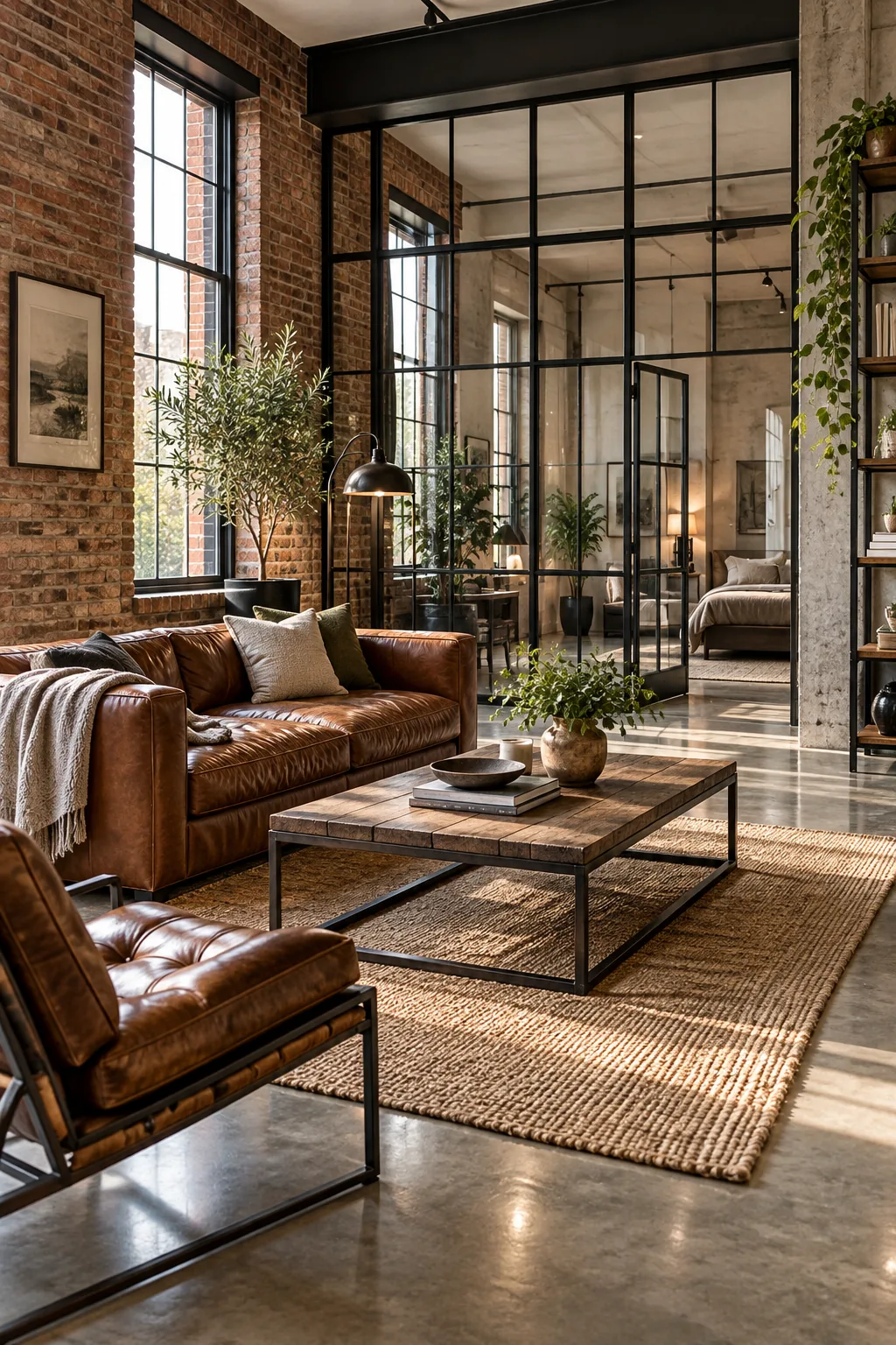 Industrial loft living space with exposed brick and polished concrete floors.