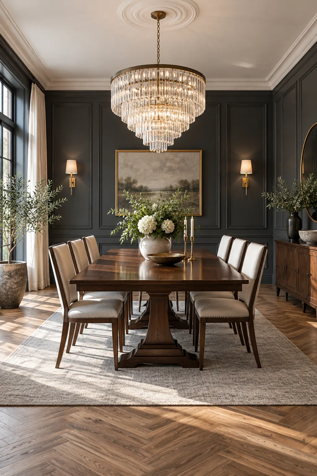 Transitional formal dining room with charcoal wainscoting and herringbone wood floors.