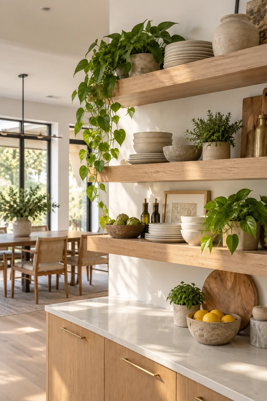 Seamless wide-plank oak flooring with wooden dining chair legs resting on the surface.