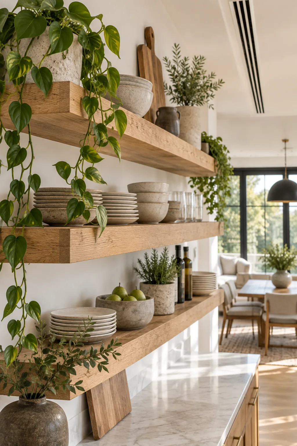 Thick floating oak shelves securely holding heavy ceramic plates and potted plants.