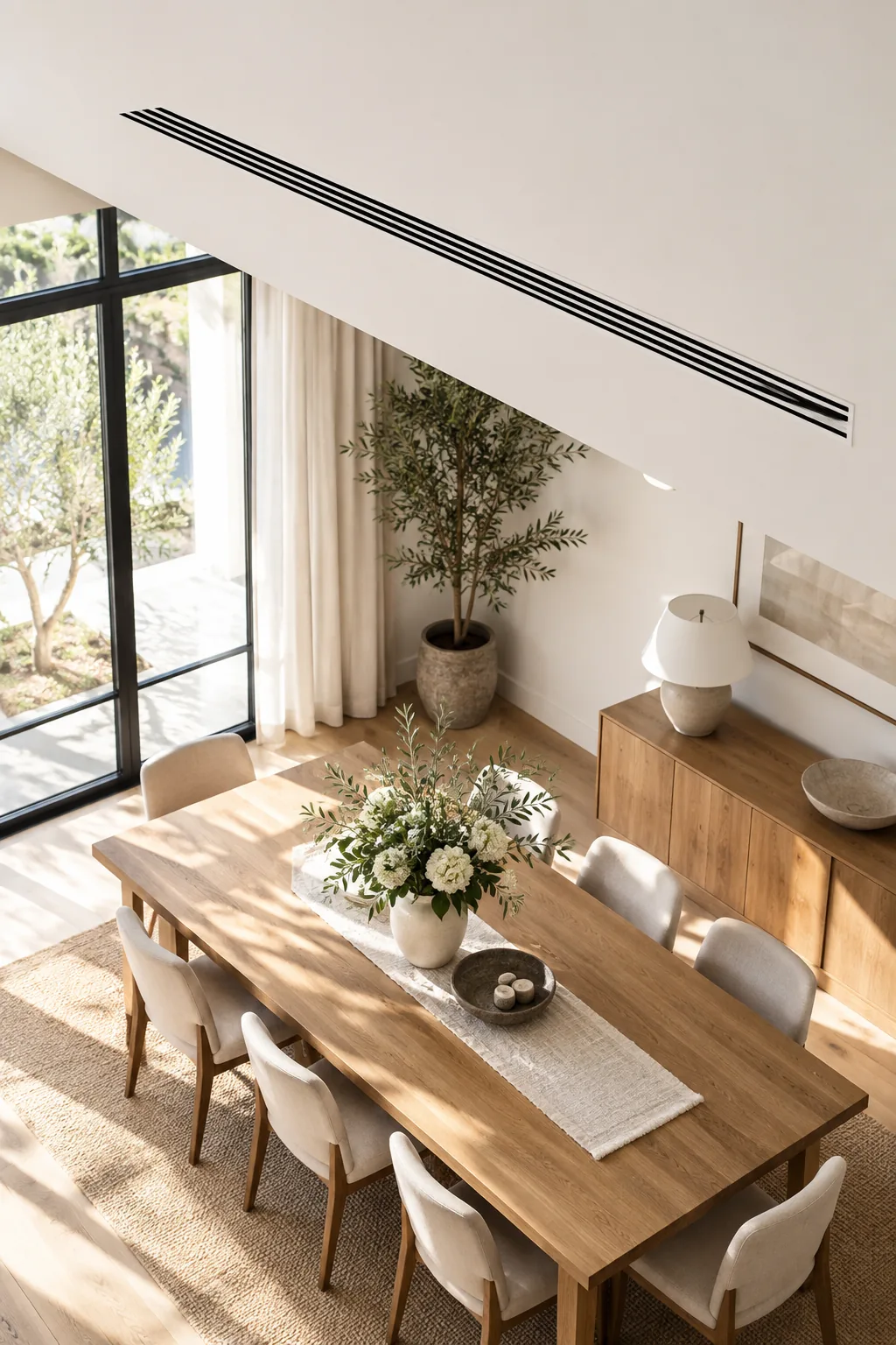 Sleek minimalist linear HVAC vent installed in a smooth white ceiling above a dining area.