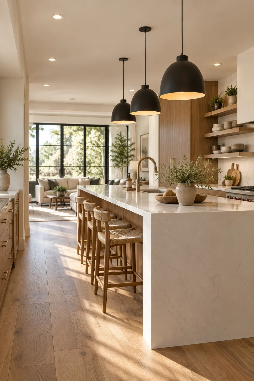 Perfectly aligned flush ceiling spotlights illuminating a kitchen walkway.